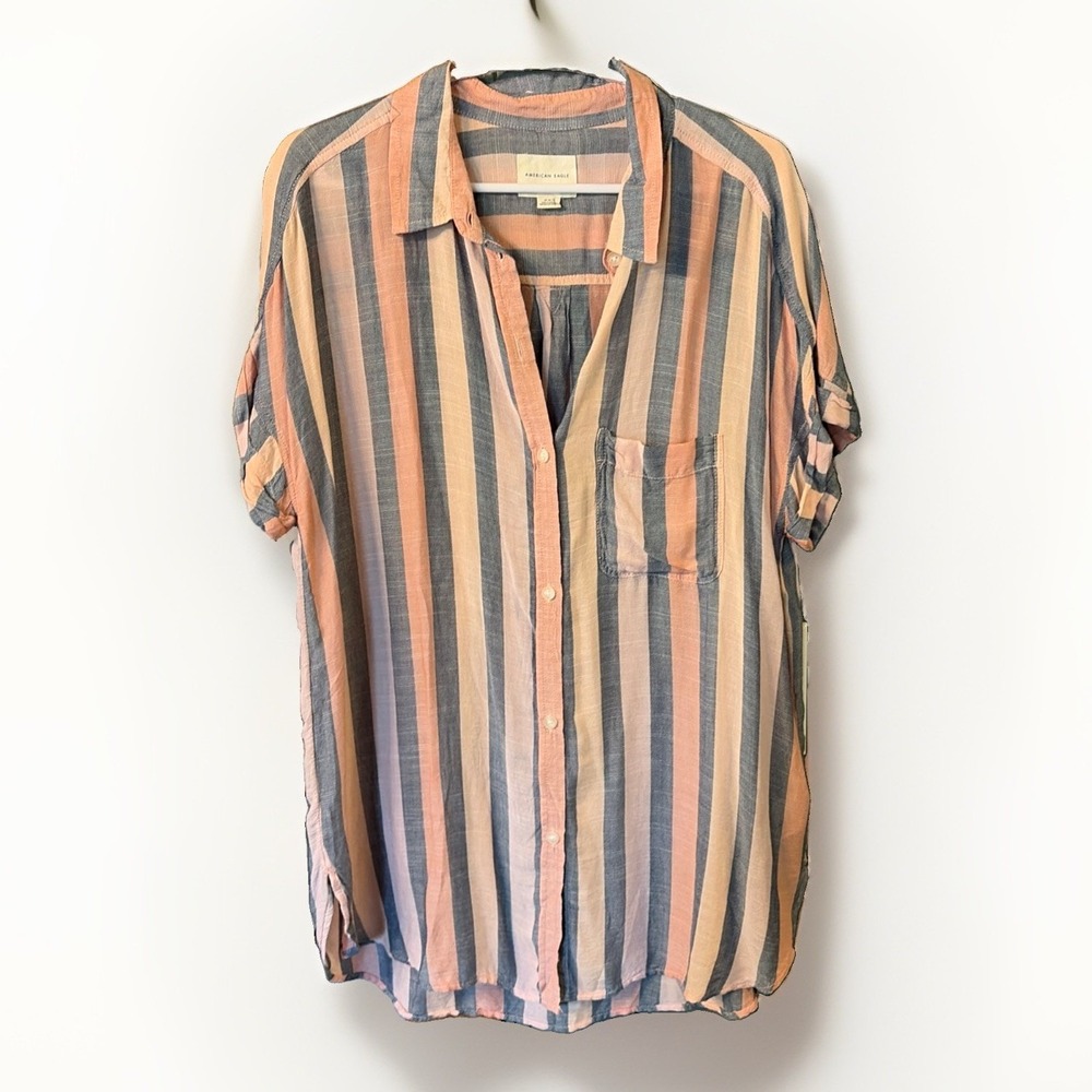 American Eagle Coastal Stripe Oversized M Women's Button Down Boho Flowy Shirt